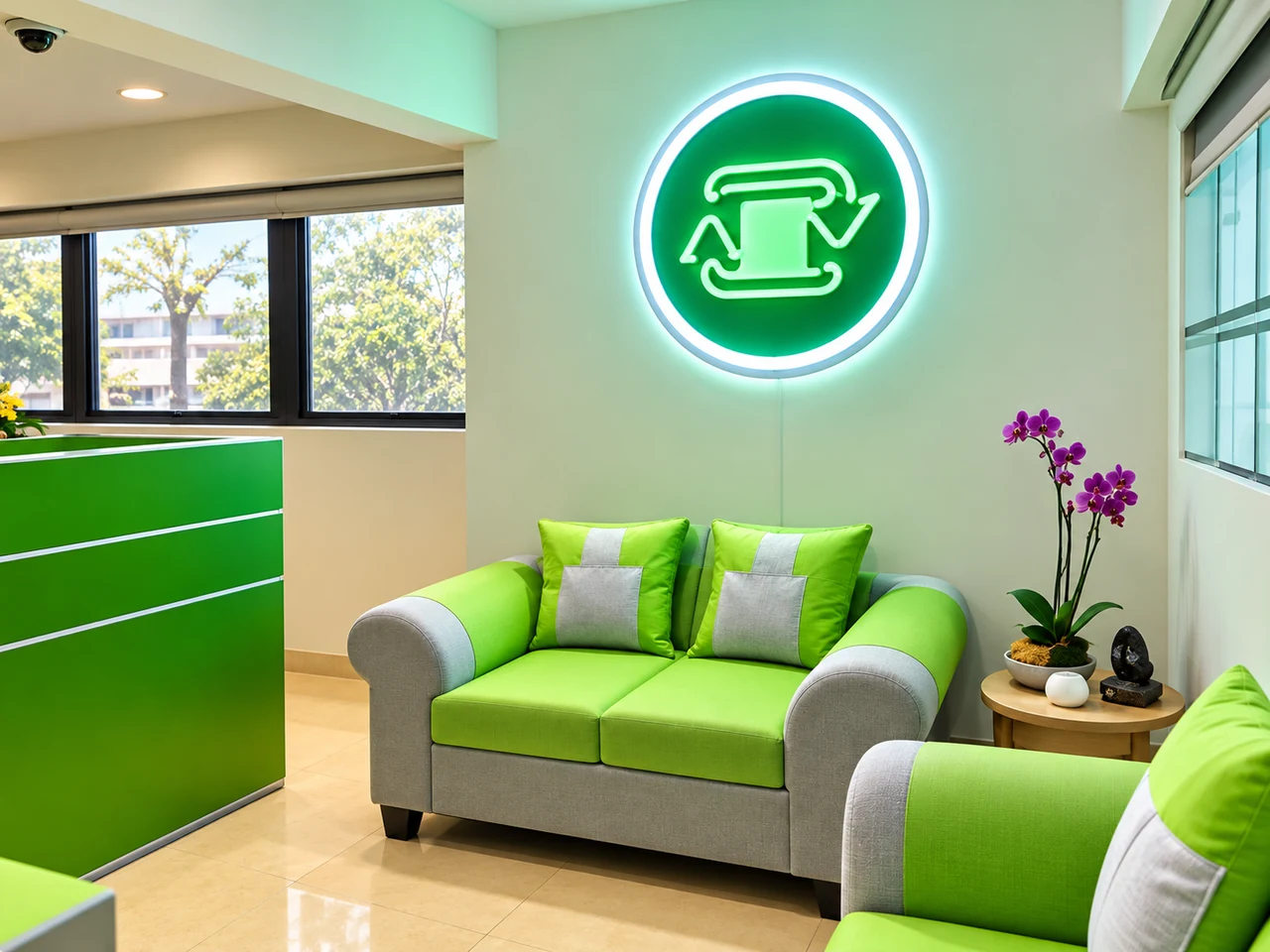 Green seating in the office waiting area