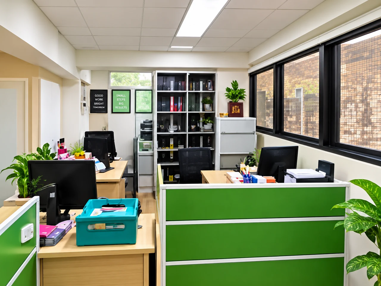Desks in the document processing workspace