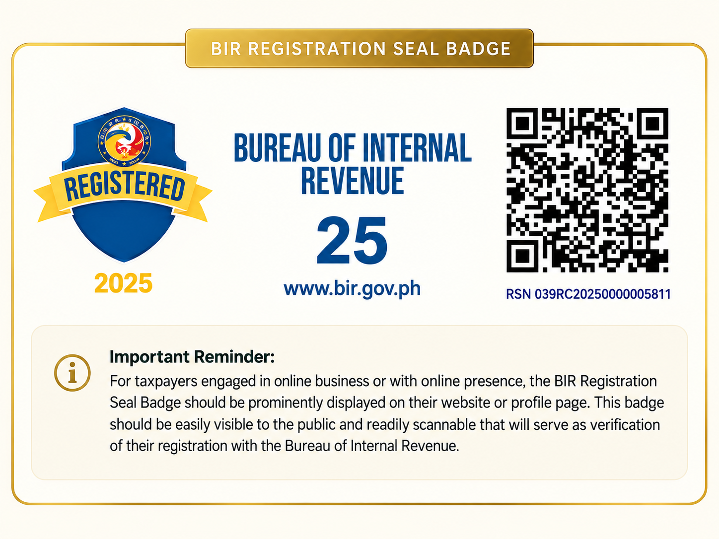 Lords-Gift BIR Registration Seal Badge, 2025, with verification QR code and RSN 039RC20250000005811